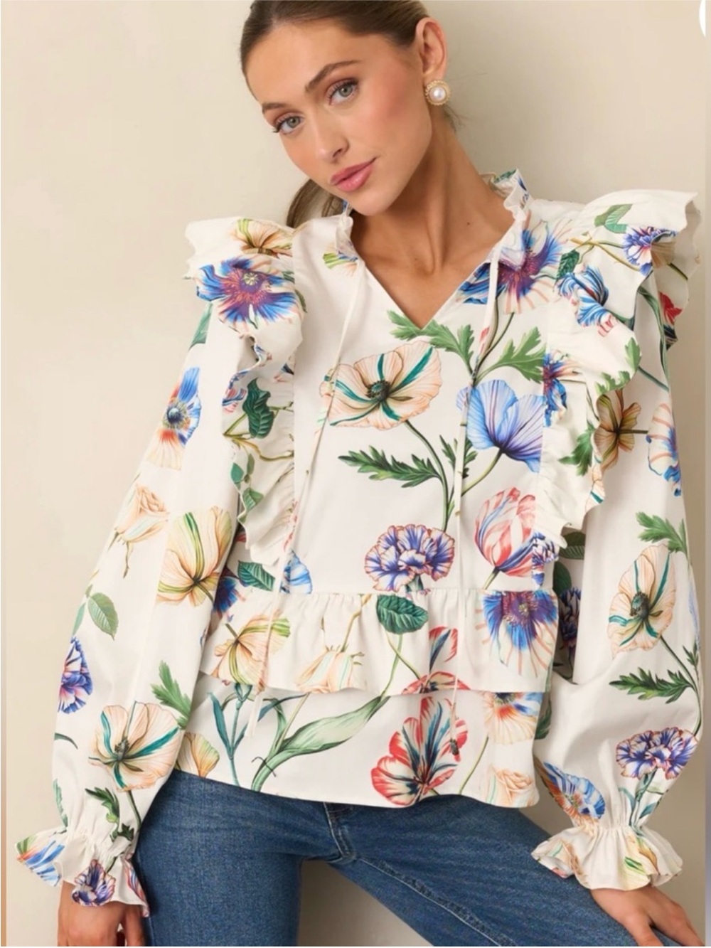 White Floral Ruffle Peplum Blouse